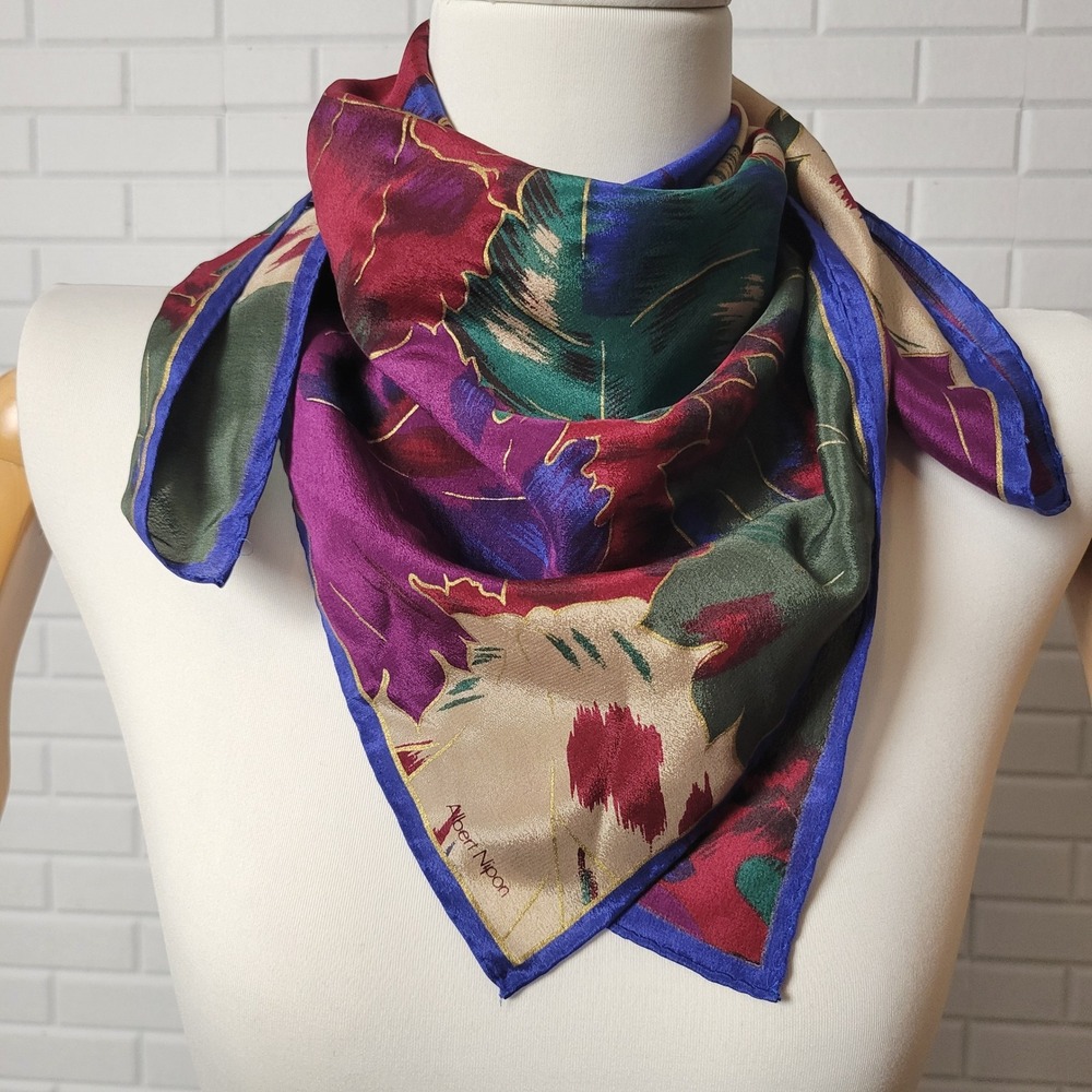 Vintage 1980s Albert Nipon Silk Scarf Square Jewel Tones Gold Paint Floral